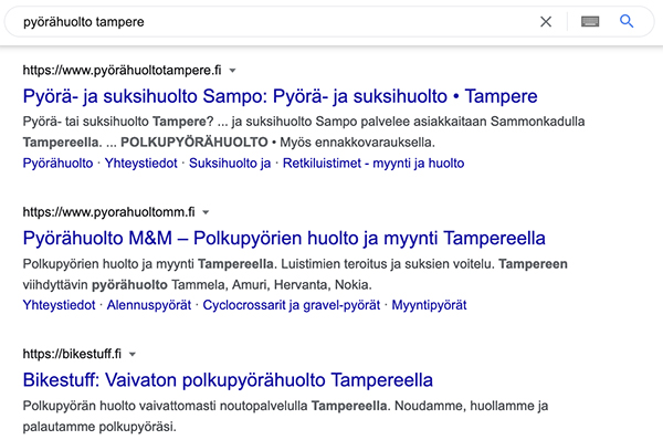 Hakukoneoptimointi - hakutulokset: hakutulosten listaus (regular snippet)